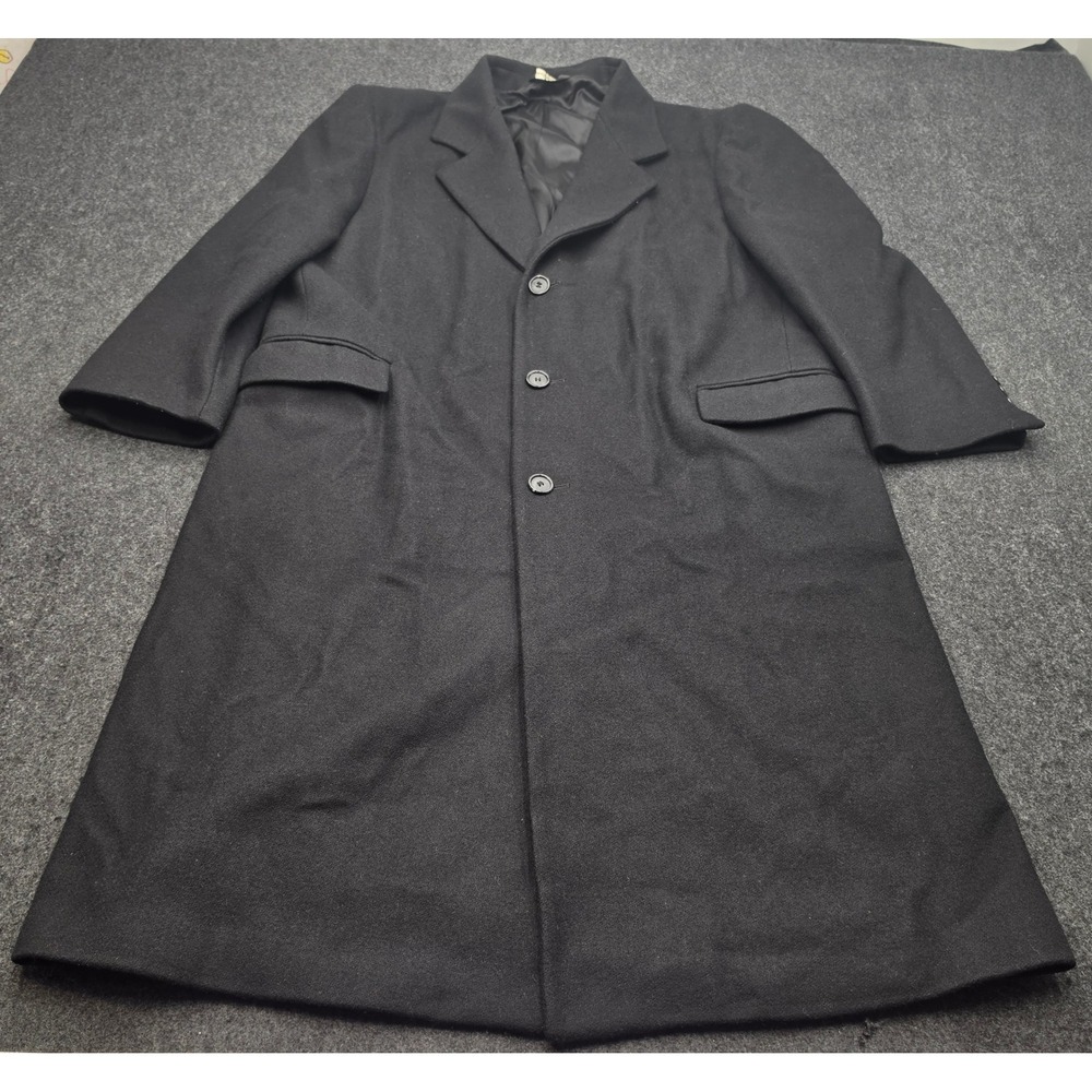 Towncraft Overcoat Men 44 Black Wool Blend 3 Button USA Made Long Trench Topcoat